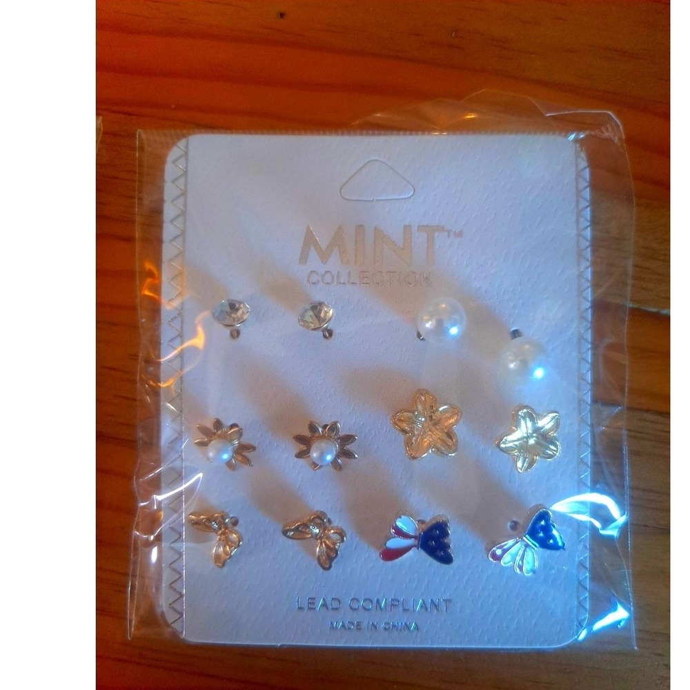 Mint Collection 12 PC Faux Pearl Gold & Silver Tone Flower Butterfly Stud Earrin